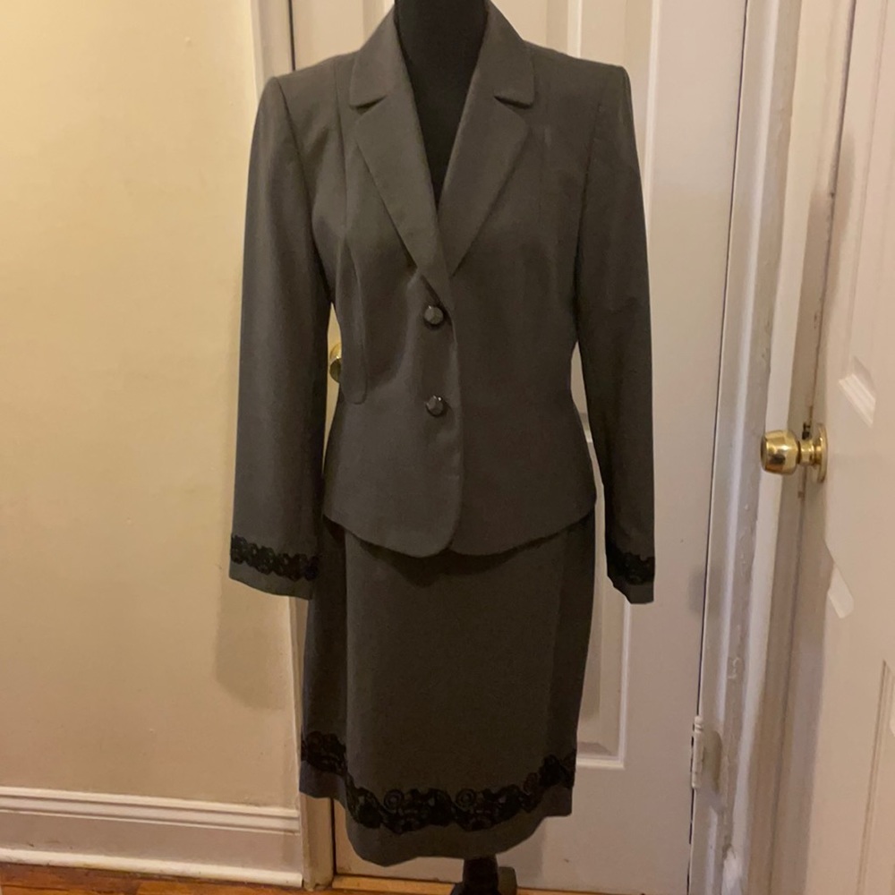 Tahari Gray Skirt Suit w/ Black Lace Detailing